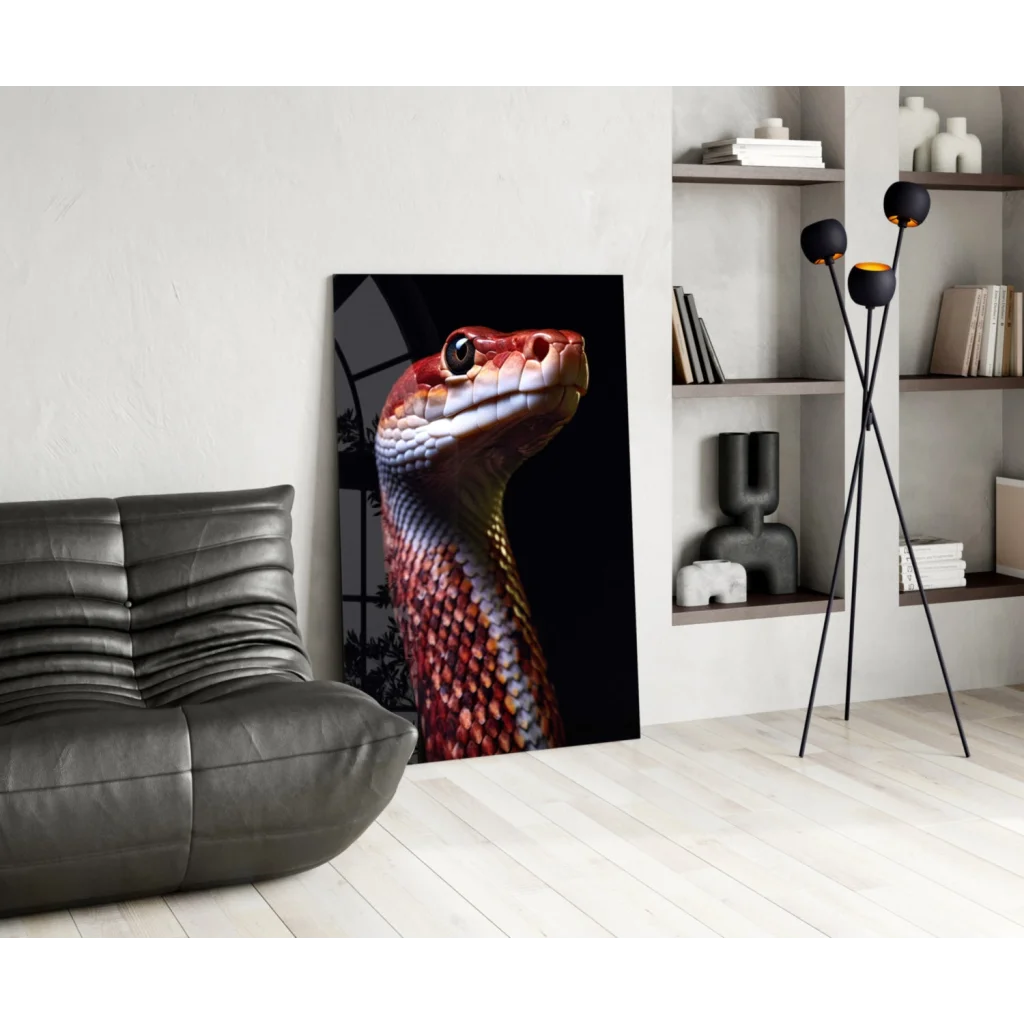 Stunning red snake glass wall art print with detailed scales on canvas