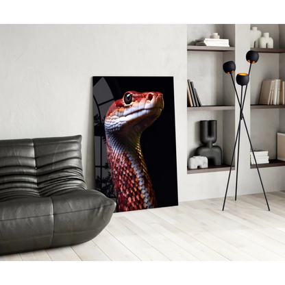 Stunning red snake glass wall art print with detailed scales on canvas