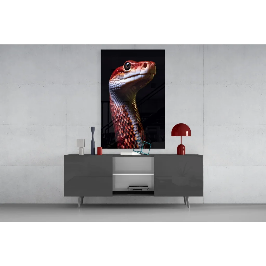 Vibrant red snake glass wall art print on canvas above gray console