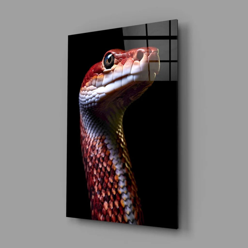 Striking red and white snake on glossy glass wall art panel