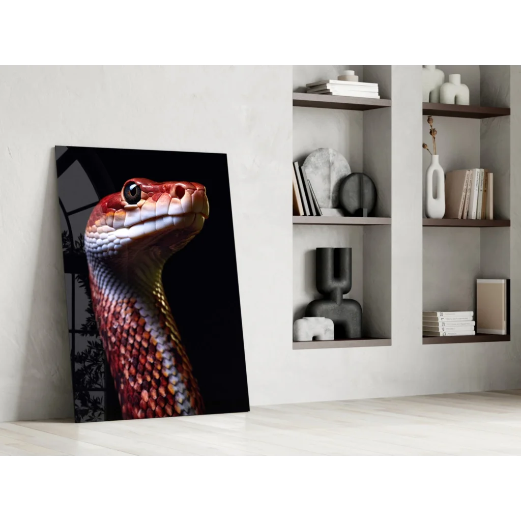 Vibrant red snake glass wall art portrait leaning on wall