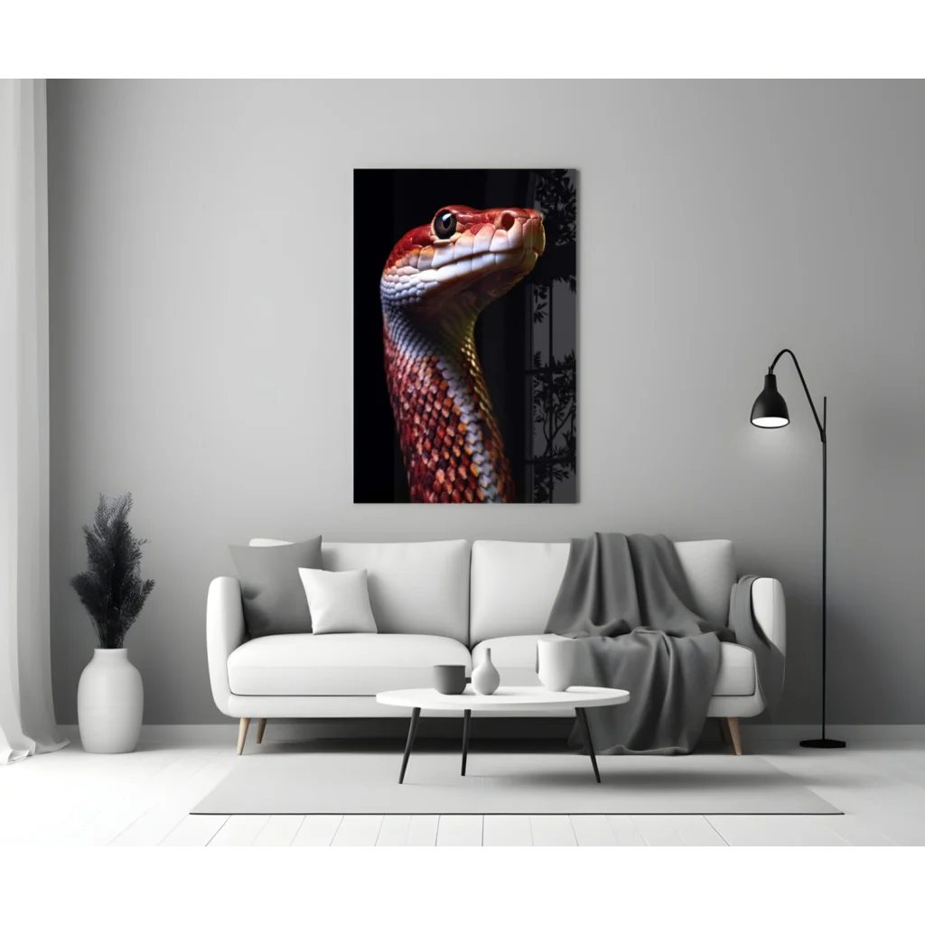Stunning red snake glass wall art on gray wall