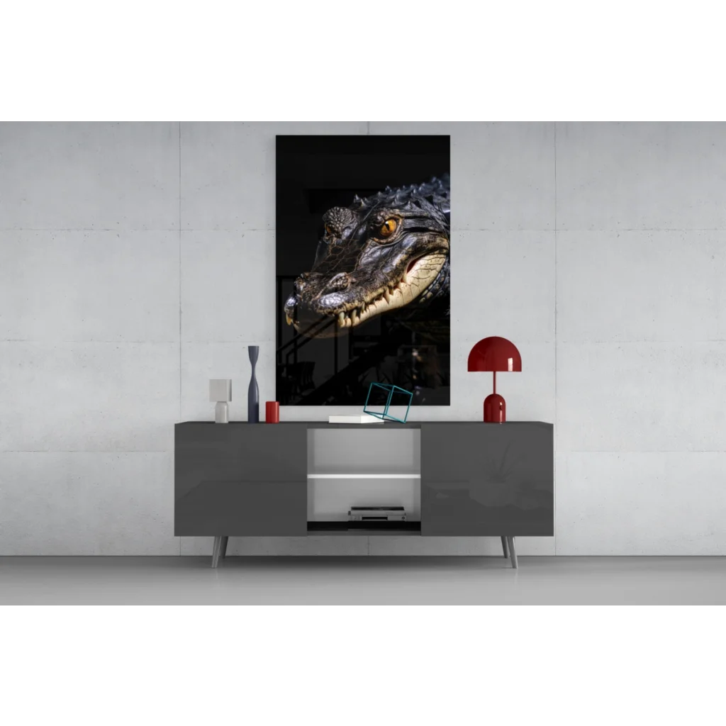 Striking black-and-white crocodile head glass wall art with golden eyes