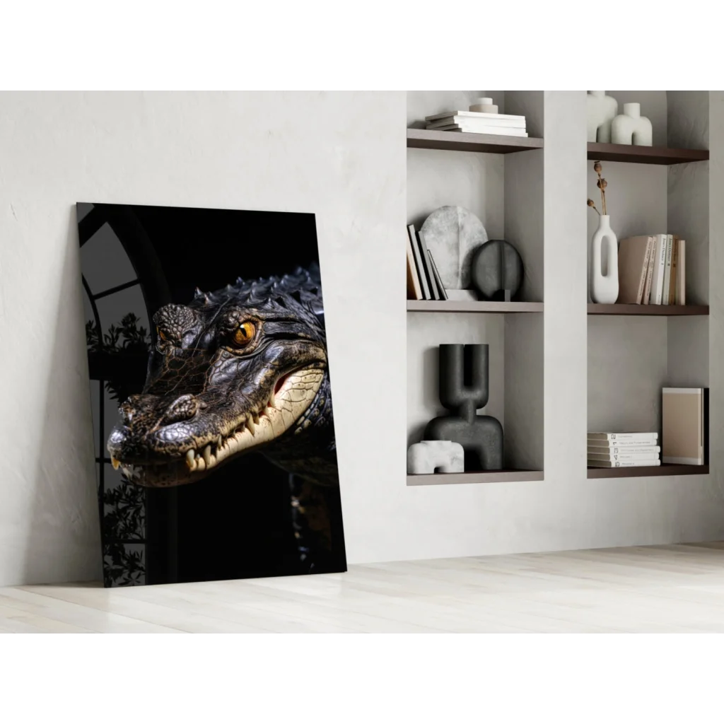 Fierce alligator glass wall art with mesmerizing golden eyes close-up