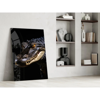 Fierce alligator glass wall art with mesmerizing golden eyes close-up