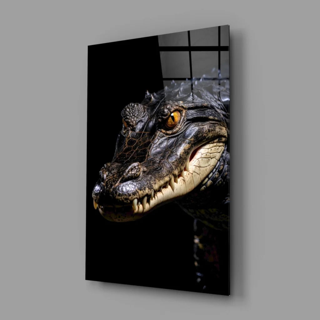Fierce Alligator Glass Wall Art with Mesmerizing Golden Eyes | Glass Wall Art Print | vintageantiquesgifts.com