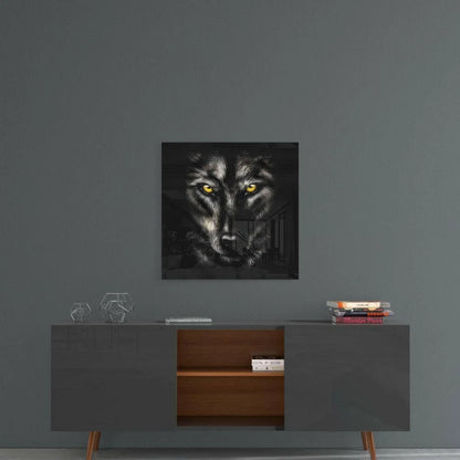 Fierce wolf on black canvas in glowing yellow eyes glass wall art