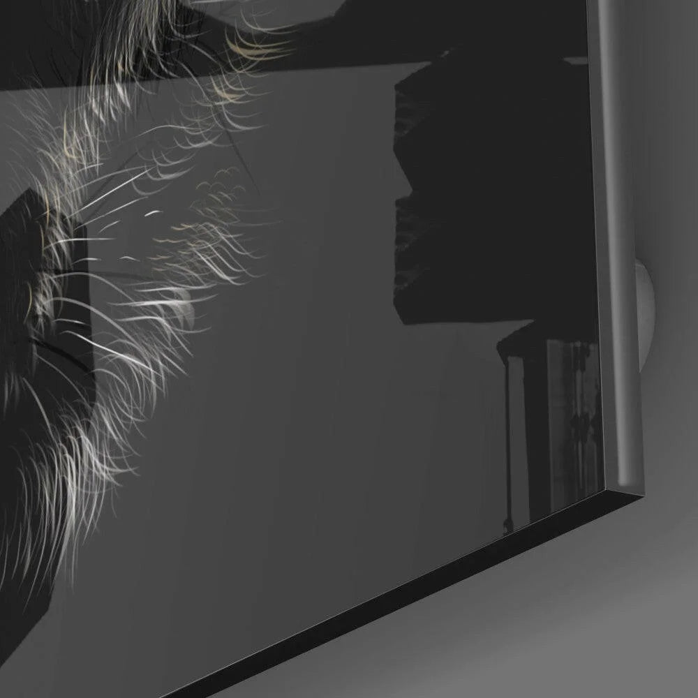 Fierce wolf glass wall art with black frame, white whiskers, and glowing yellow eyes