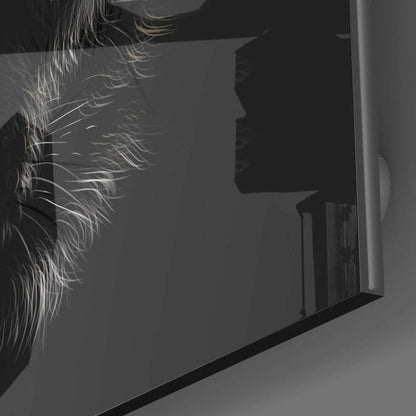 Fierce wolf glass wall art with black frame, white whiskers, and glowing yellow eyes