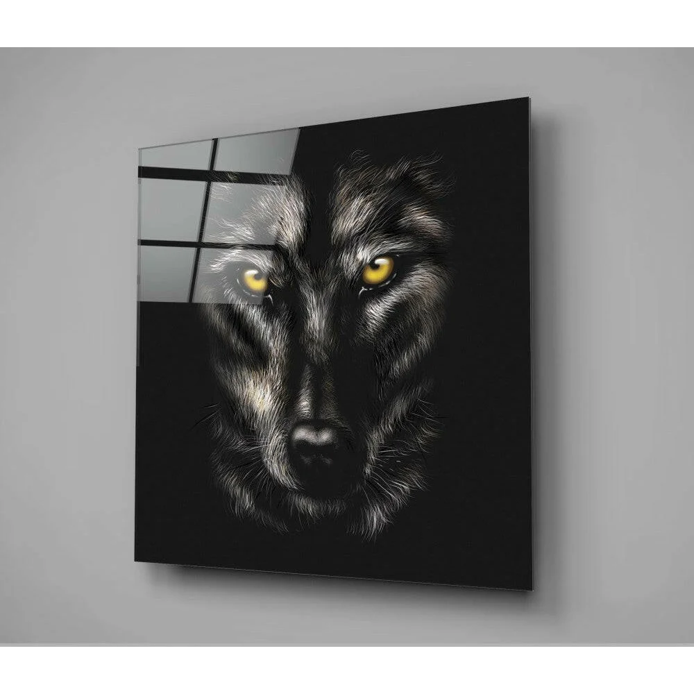 Fierce wolf glass wall art with piercing yellow eyes and detailed fur