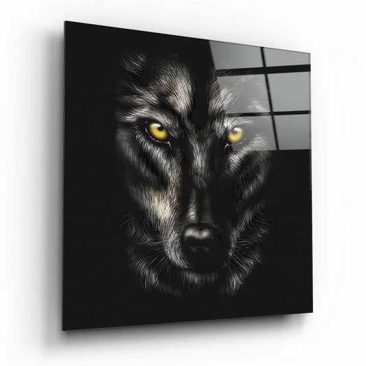 Fierce wolf glass wall art with glowing yellow eyes and detailed fur