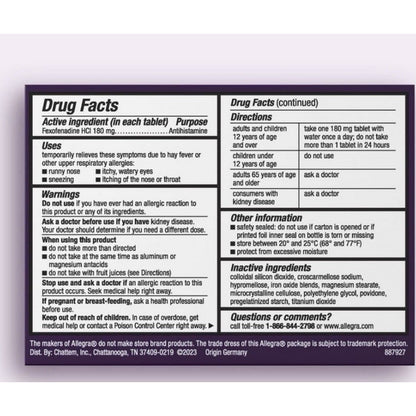 Allegra 24HR Allergy Relief, 180mg, 40 Tablets