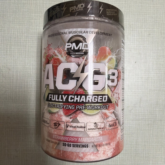 Front view of PMD ACG3 Fully Charged pre-workout powder container with strawberry and lime imagery on translucent plastic jar against white textured background.
