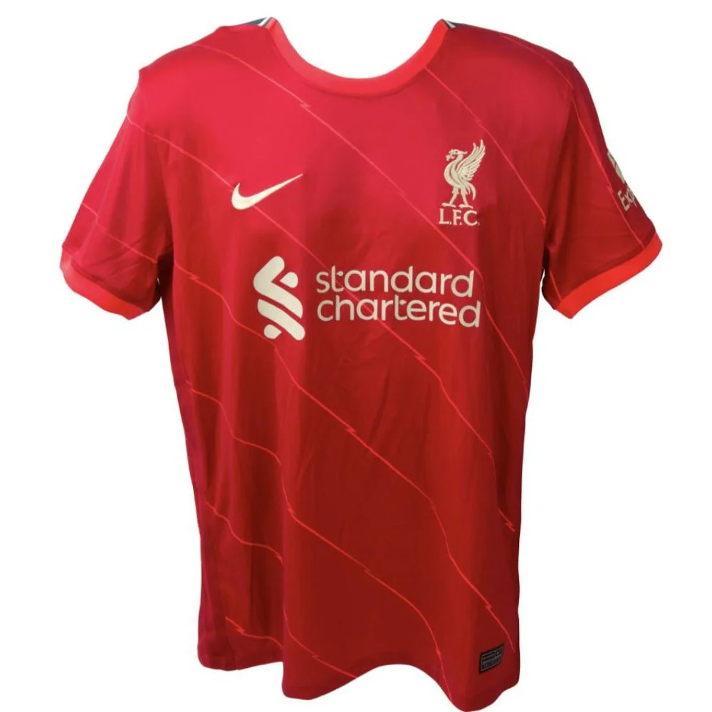 Red signed Liverpool jersey with round neck and subtle diagonal stripes for fans