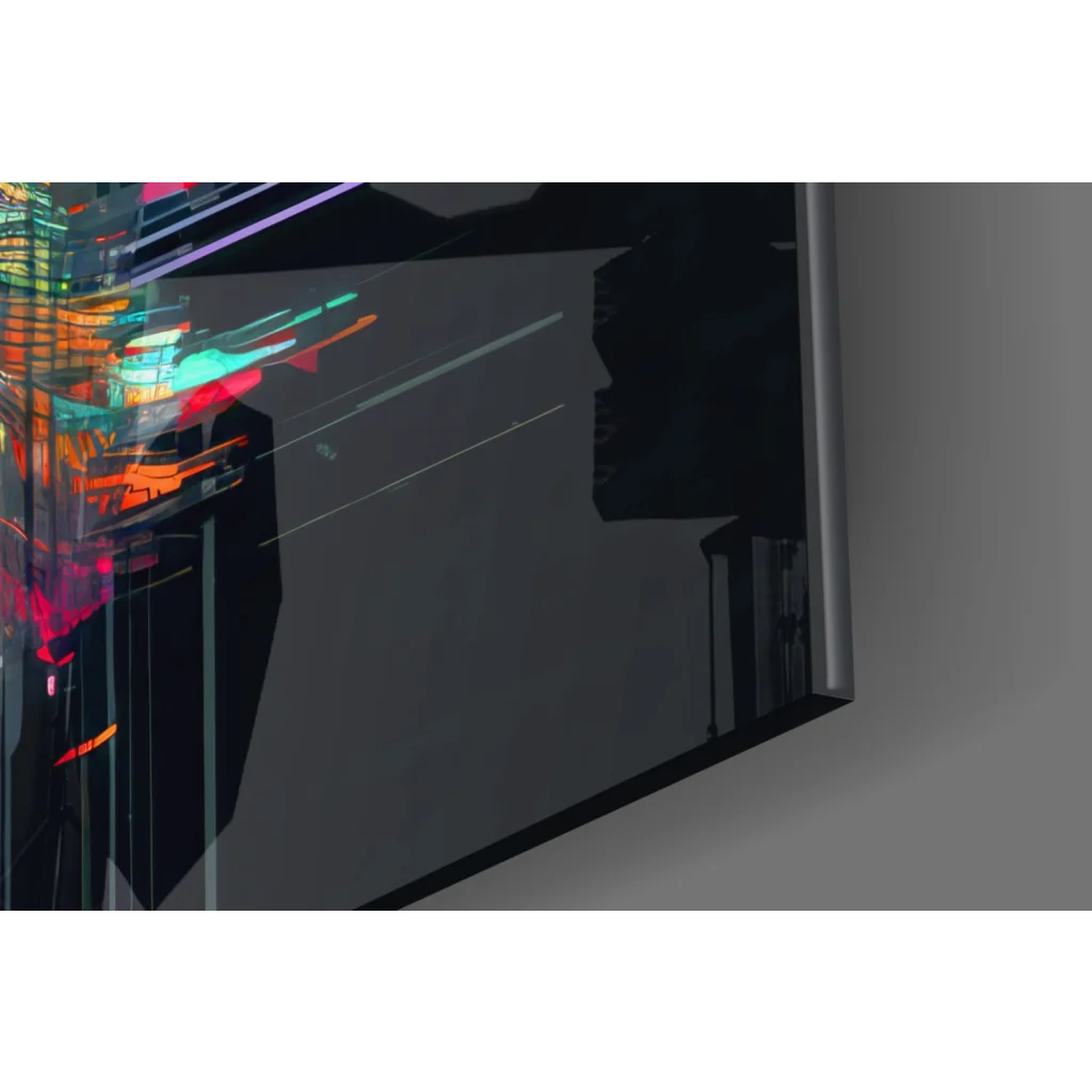 Sleek black monitor with silver bezel showing Radiant Multicolor Face Glass Wall Art