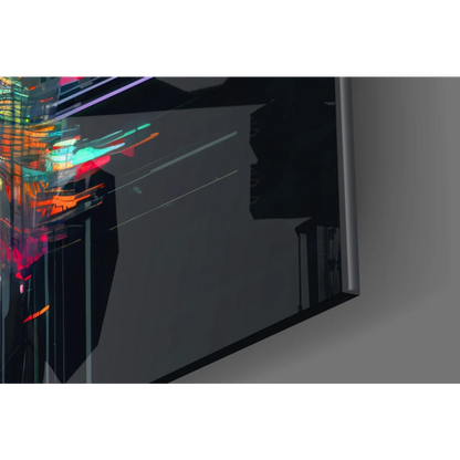 Sleek black monitor with silver bezel showing Radiant Multicolor Face Glass Wall Art