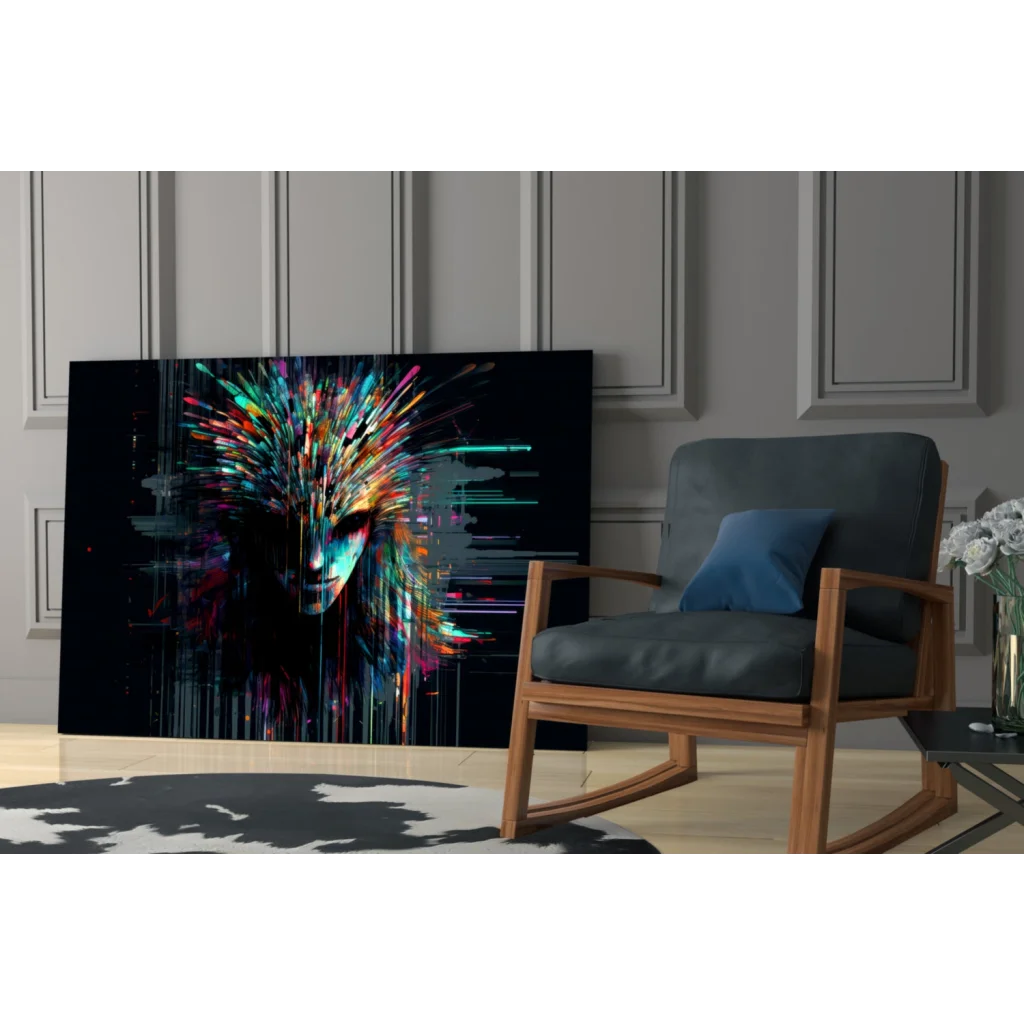 Vibrant Radiant Multicolor Face glass wall art canvas with neon streaks