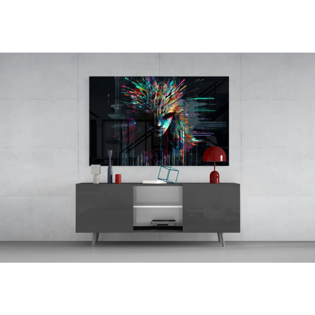 Vibrant multicolored face glass wall art on radiant dark canvas
