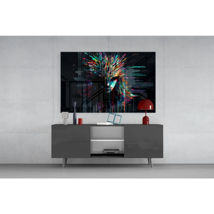 Vibrant multicolored face glass wall art on radiant dark canvas