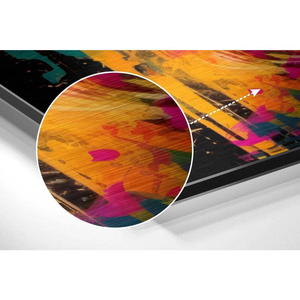 glass wall art Vibrant abstract brushed aluminium dibond art with bold orange magenta teal strokes