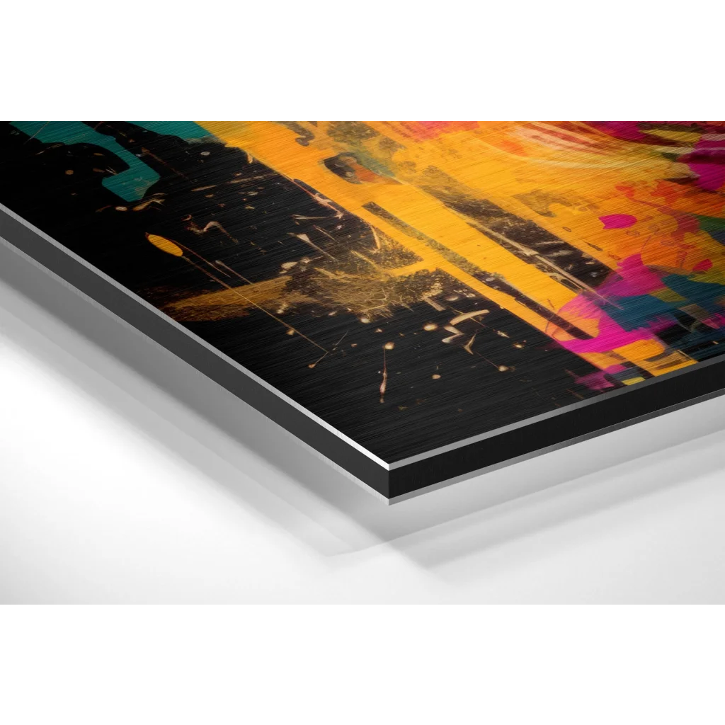 Glass Wall Art Vibrant abstract brushed aluminium dibond art with yellow, pink, teal splashes on black