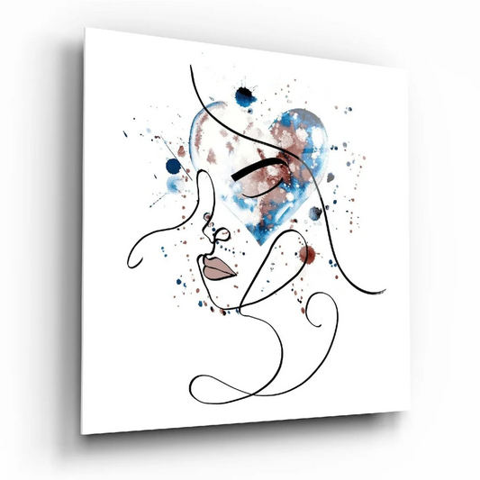 Abstract face heart splash canvas wall art with blue brown watercolor