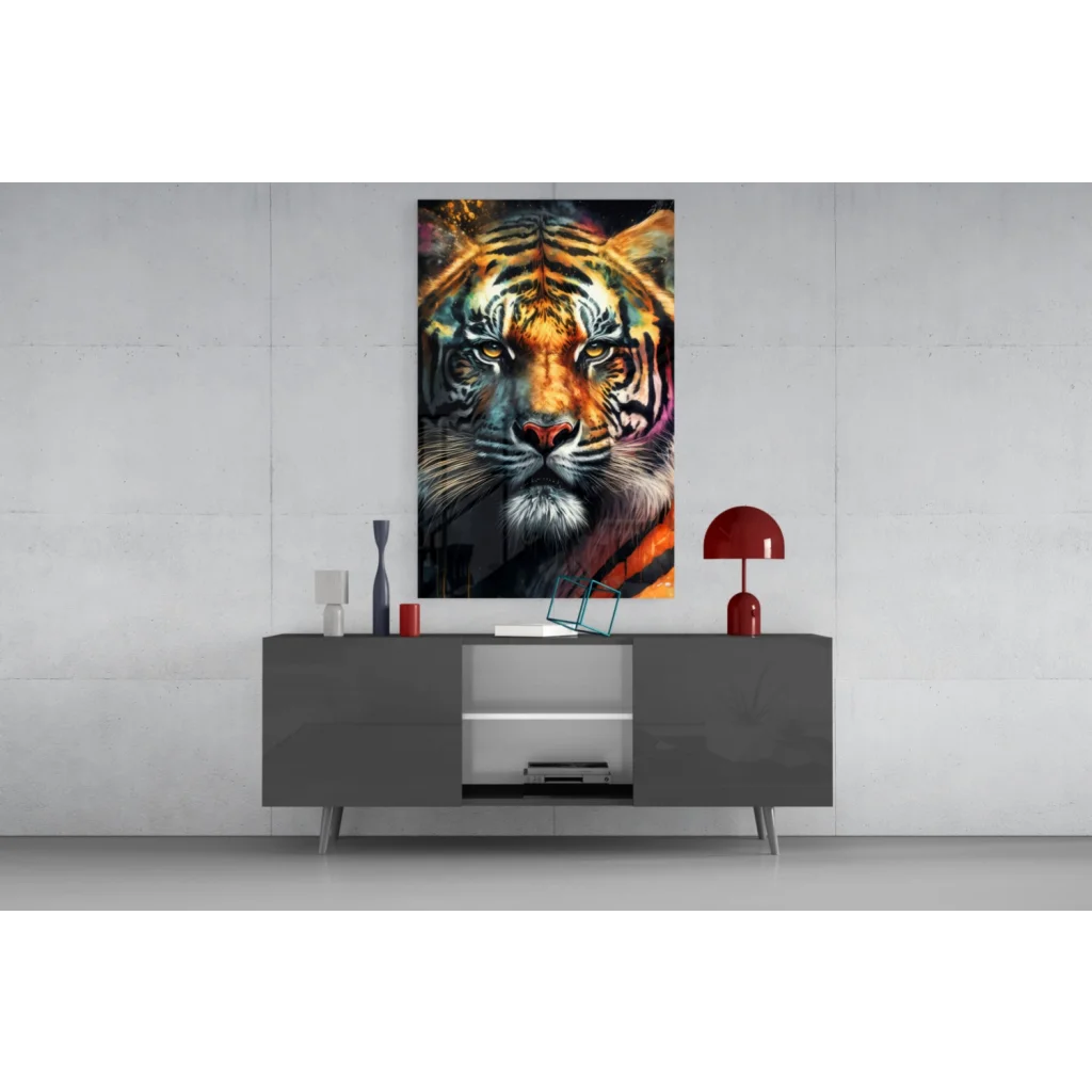 Vibrant abstract tiger glass wall art with bold orange black stripes