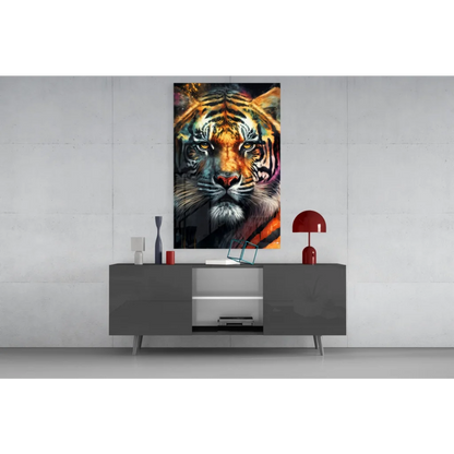 Vibrant abstract tiger glass wall art with bold orange black stripes