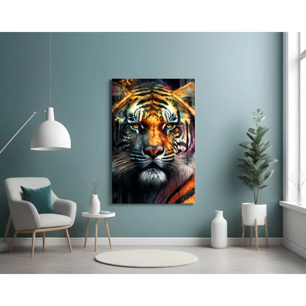 Fierce tiger glass wall art with bold orange black stripes on dark canvas