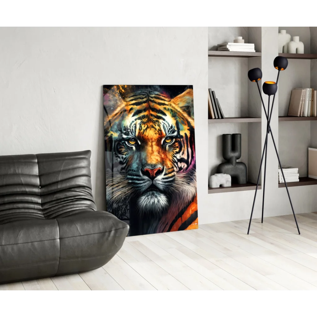 Vibrant fierce tiger glass wall art with bold abstract stripes