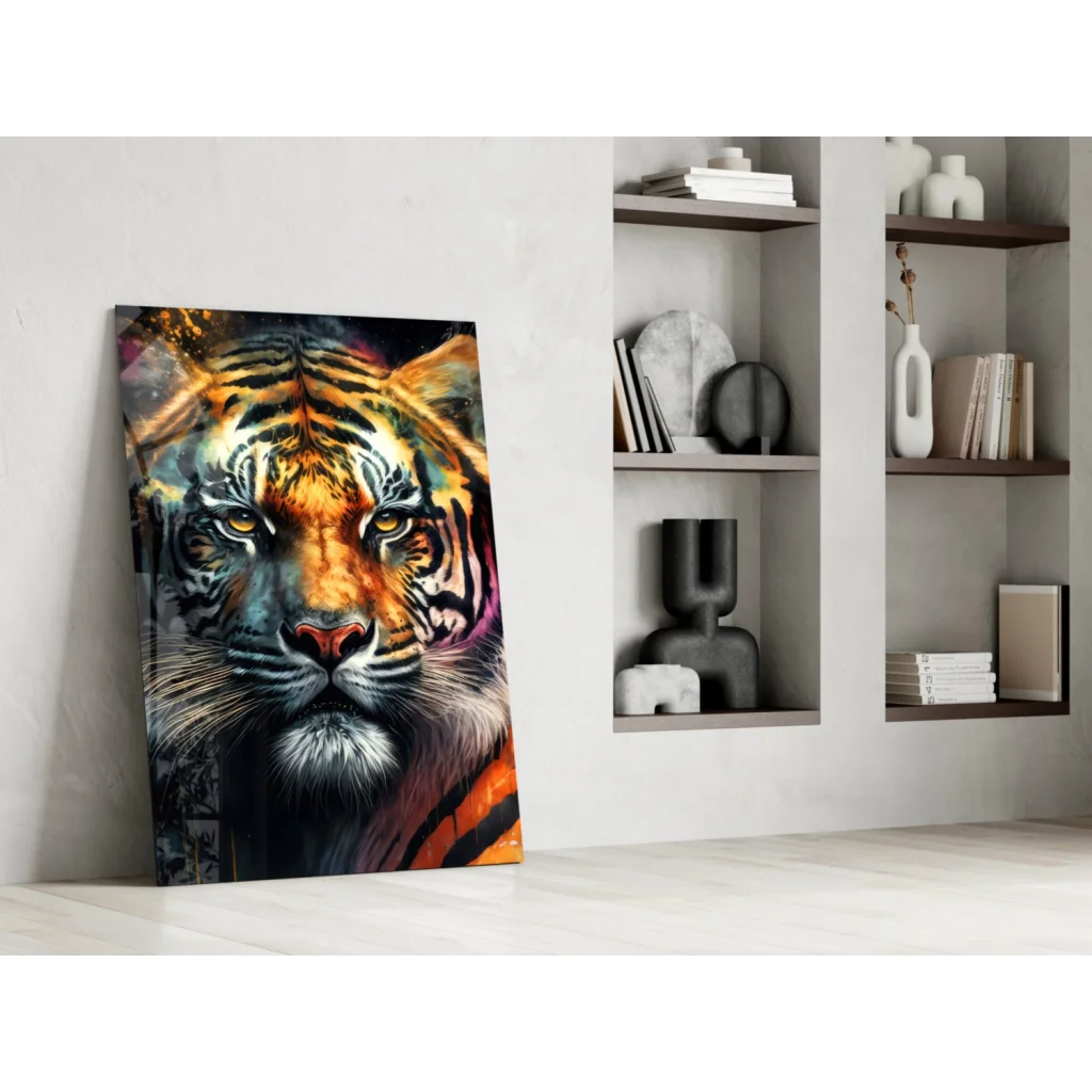 Fierce tiger glass wall art with bold abstract stripes in vibrant colors