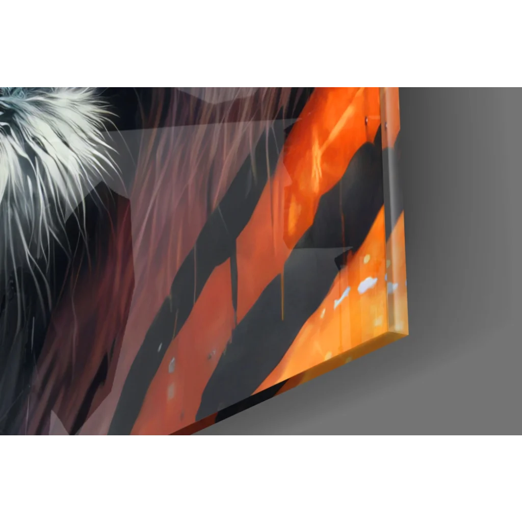 Fierce Tiger glass wall art with vibrant orange black abstract stripes