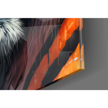 Fierce Tiger glass wall art with vibrant orange black abstract stripes