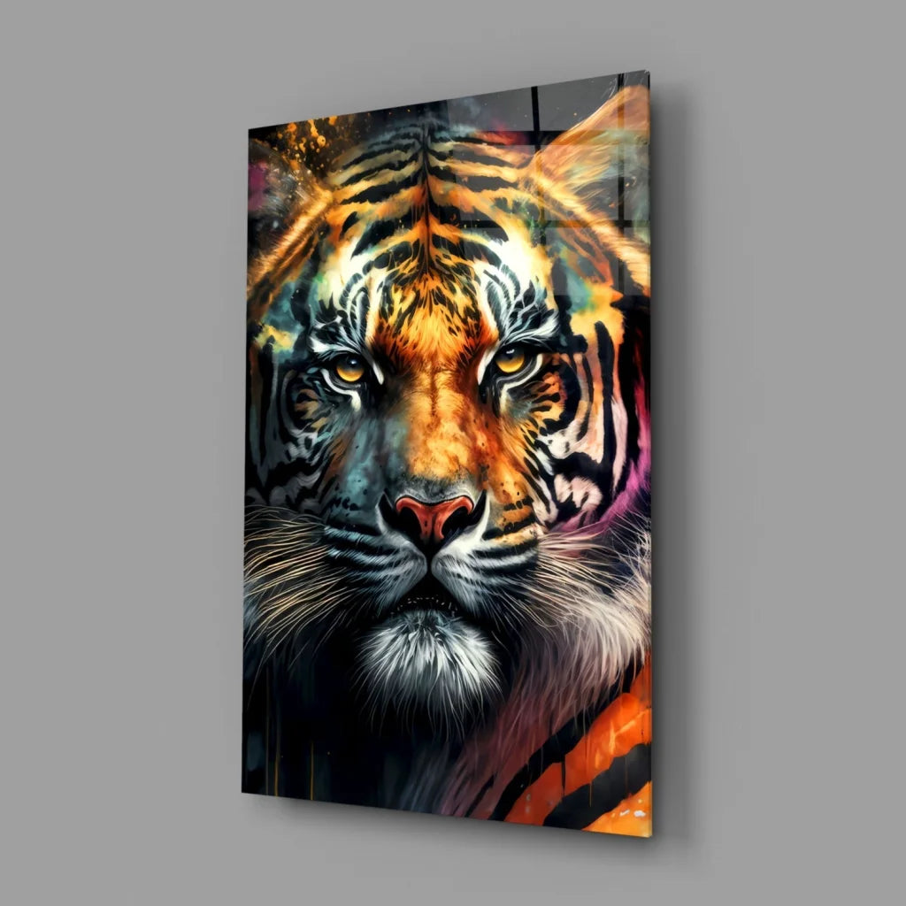 Vibrant abstract tiger glass wall art with bold orange black stripes