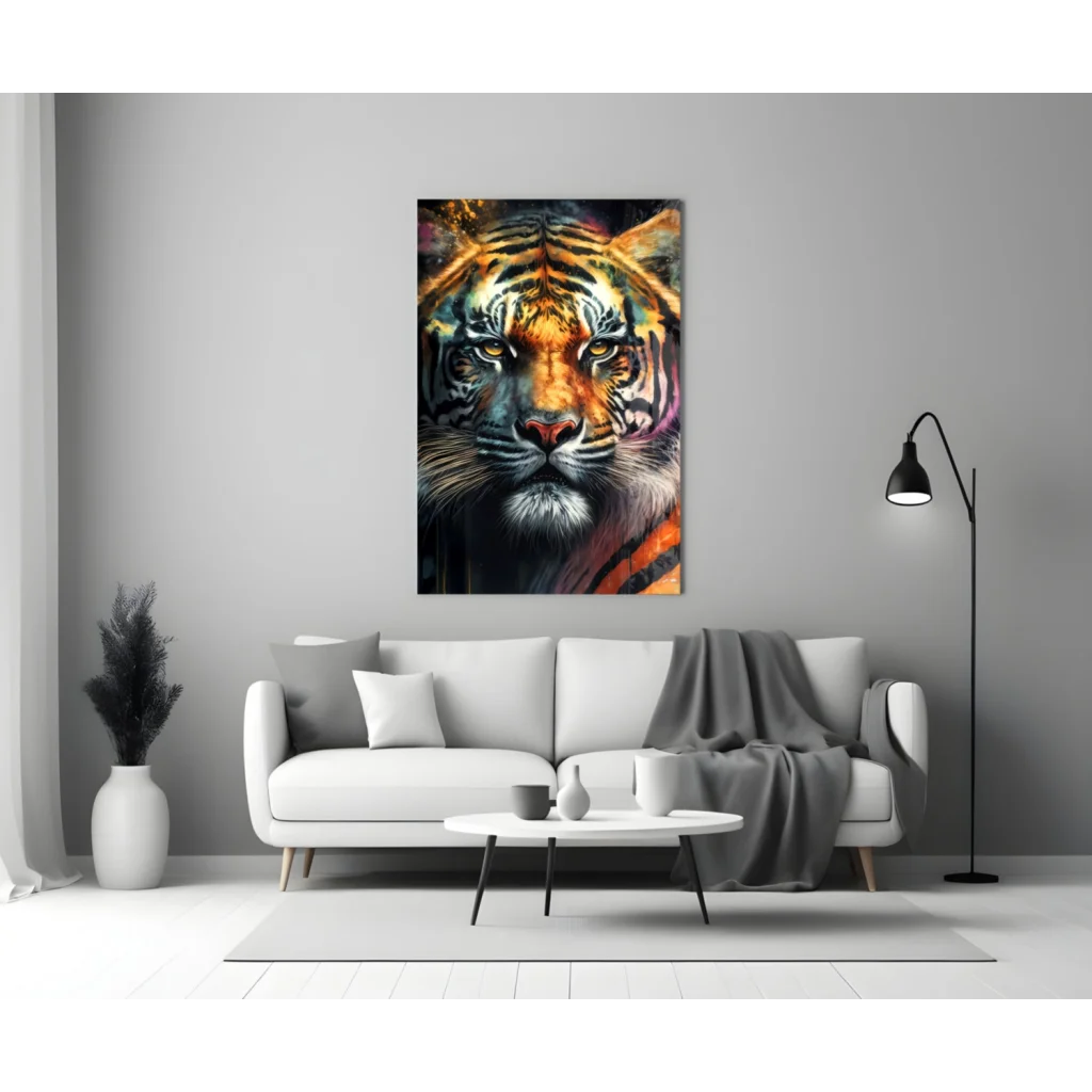 Fierce tiger glass wall art with vibrant orange black stripes on dark canvas