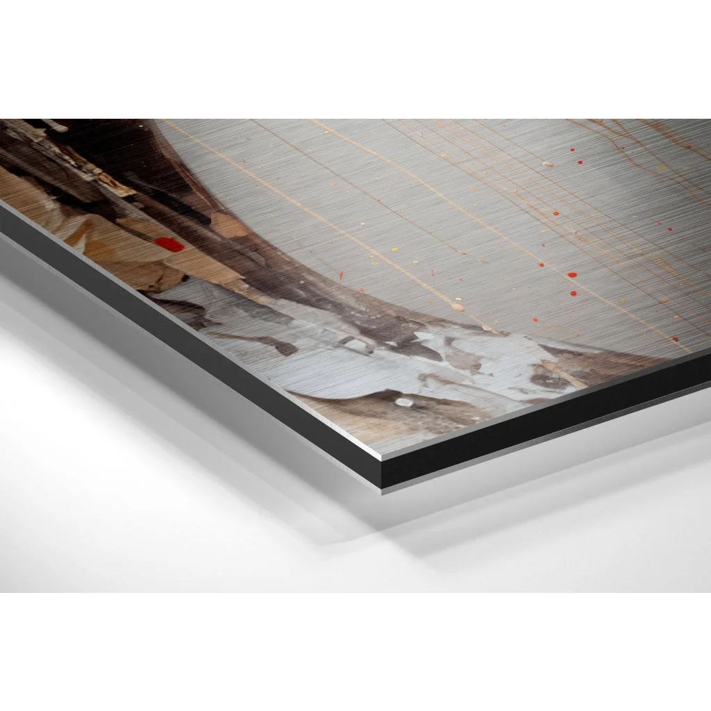 Glass Wall Art Stunning abstract art on brushed aluminium dibond canvas with textured brown, gray, white layers and red splatters