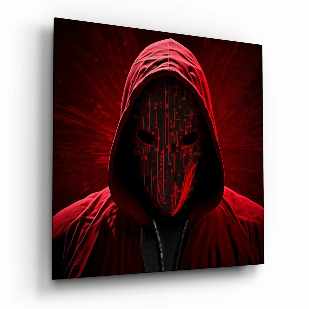 Red hooded figure in black mask on stunning tempered glass art