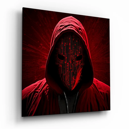 Red hooded figure in black mask on stunning tempered glass art