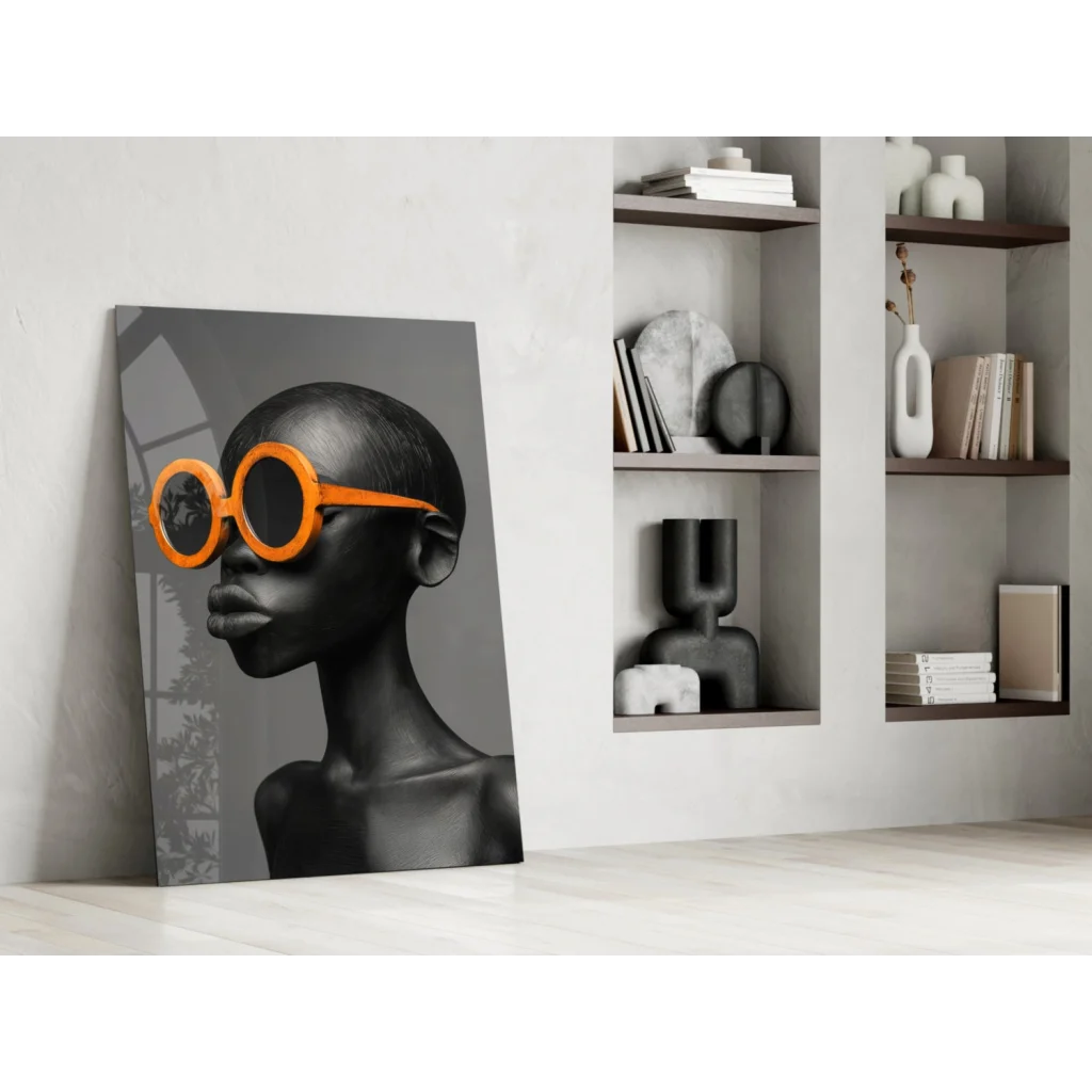 Bold orange sunglasses glass wall art portrait on white wall