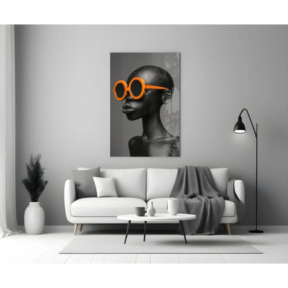 Black-and-white portrait woman in bold orange sunglasses, glass wall art