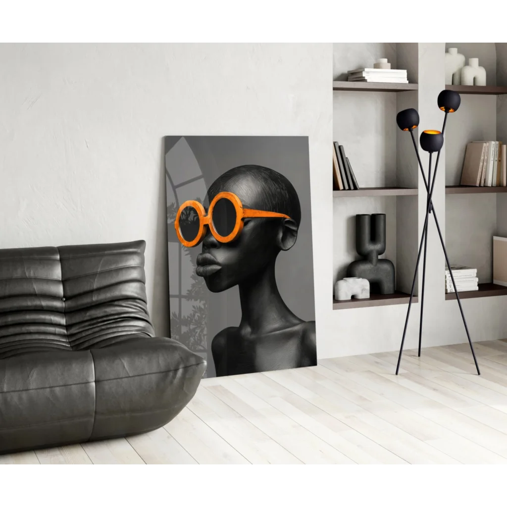 Bold orange sunglasses glass wall art portrait