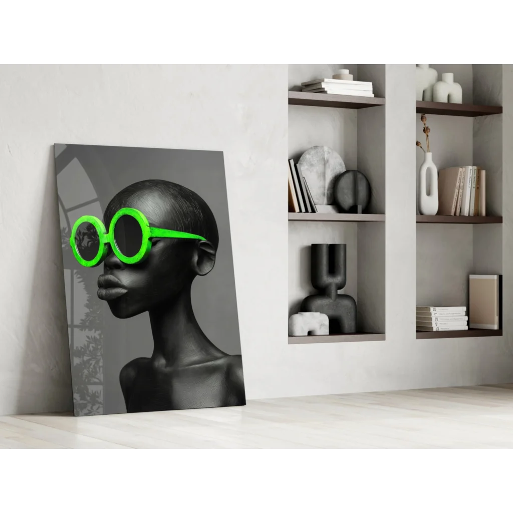 Stylized black-and-white woman portrait on glass wall art with neon green sunglasses