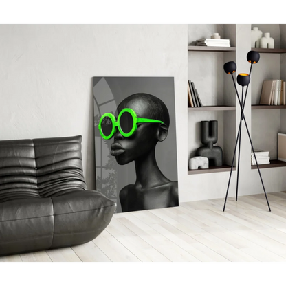 Stylized black-and-white portrait woman in neon green sunglasses on glass wall art