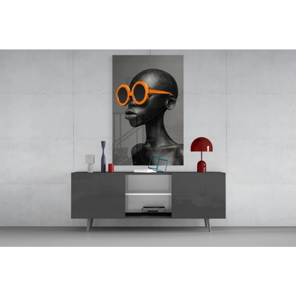 Bold orange sunglasses in black-and-white glass wall art portrait
