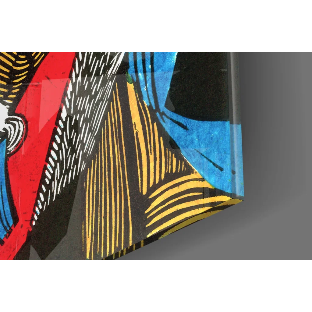 Vibrant pop-art glass wall art with bold red, blue, yellow geometric faces