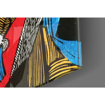 Vibrant pop-art glass wall art with bold red, blue, yellow geometric faces