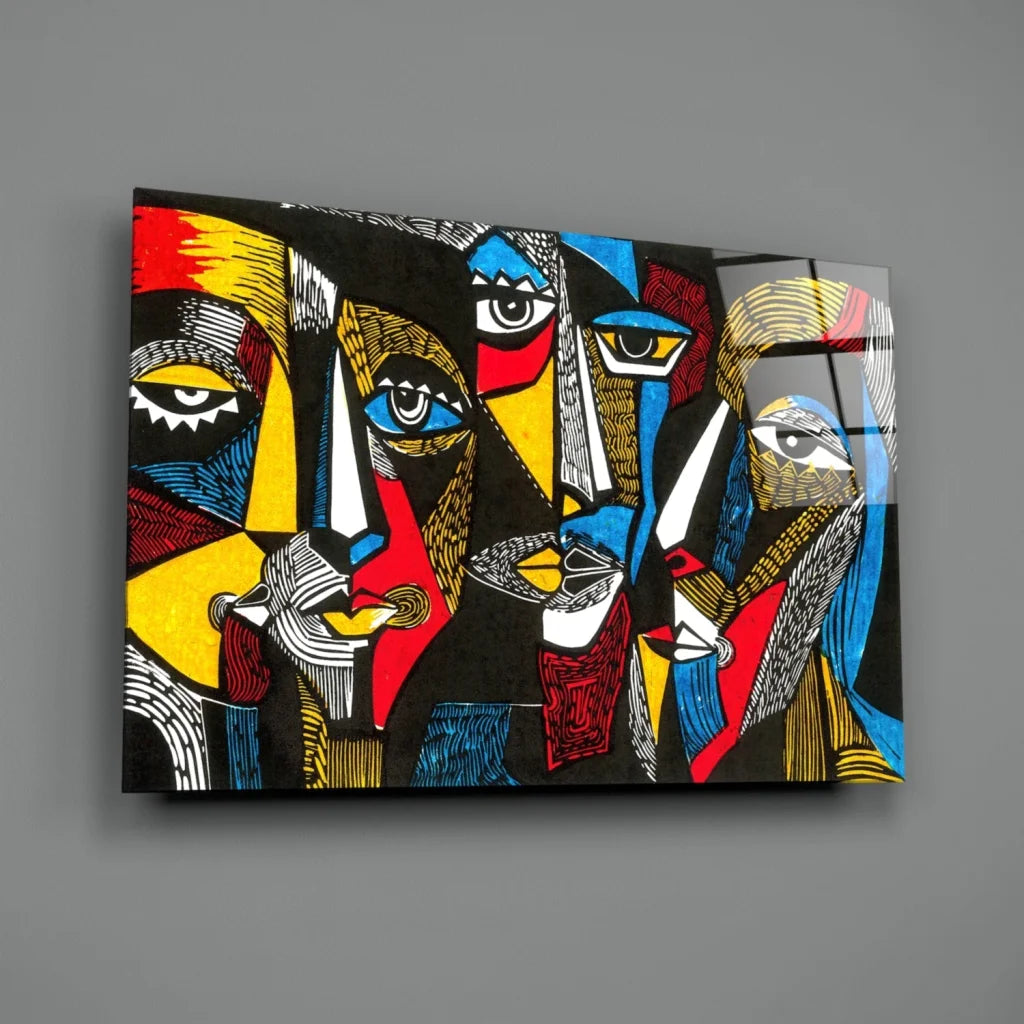 Vibrant bold geometric faces glass wall art in red, yellow, blue, black