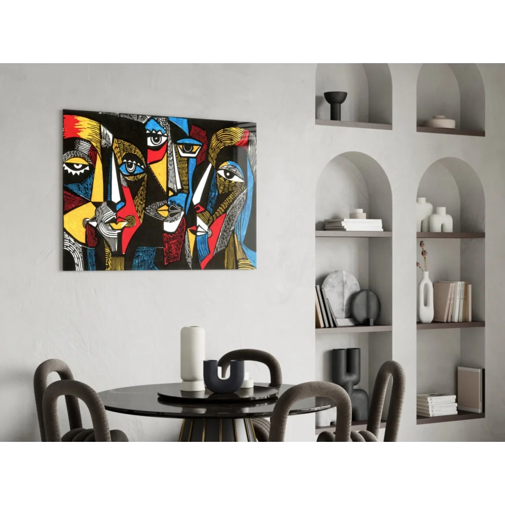 Vibrant bold geometric faces glass wall art in red, yellow, blue hues