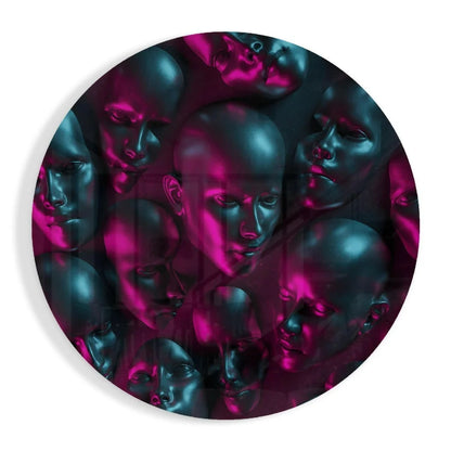 Stunning tempered glass art with metallic teal magenta mannequin faces
