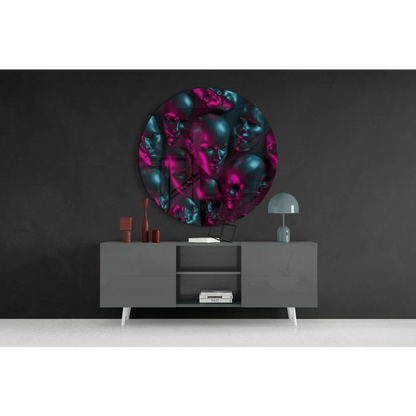 Vibrant tempered glass art with overlapping metallic faces in teal and magenta